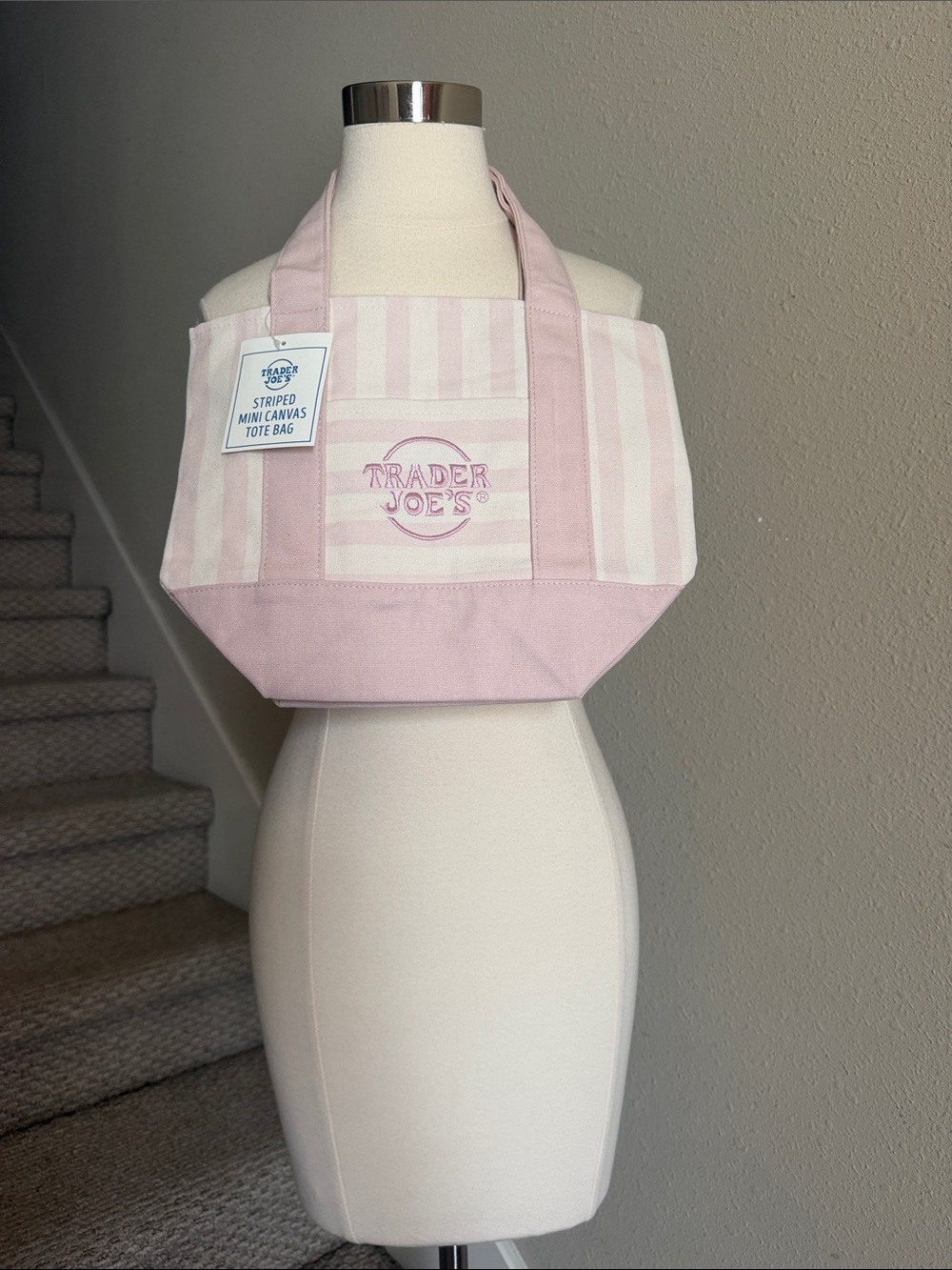 NWT Trader Joe’s Lavender Pink Striped Mini Canvas Tote Bag